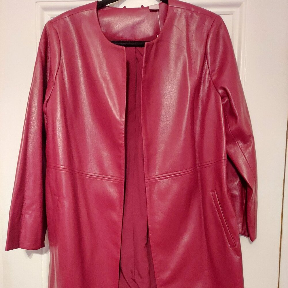 NWT Chico's Burgundy Faux Leather Open Mid-Length Jacket size 2P (12/14)